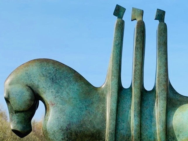 Marie Ackers The Three Riders bronze horse sculpture with abstracted equestrian forms and three stylised riders. Available in grey or verdigris patina, limited edition, suitable for indoor or outdoor display, signed and foundry stamped.