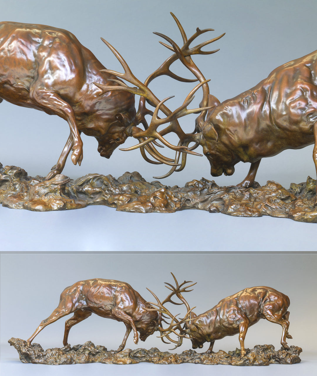 Bronze sculpture of two red deer stags in mid-rut, antlers locked in a dynamic head-to-head clash, highly detailed musculature and patina, mounted on a textured bronze base.