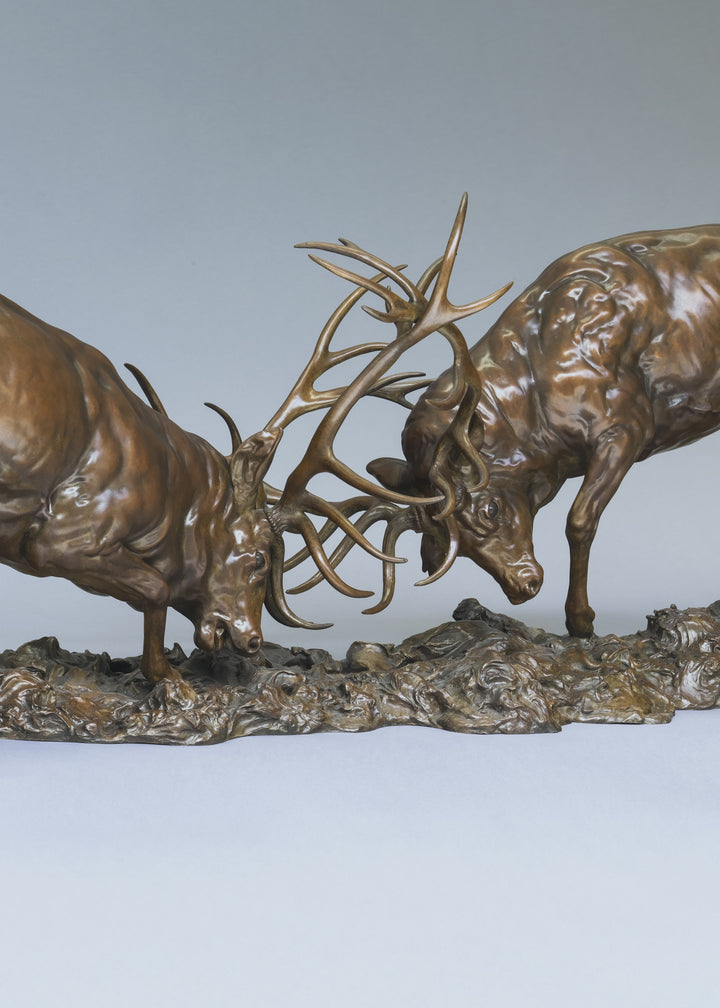 Bronze sculpture of two red deer stags in mid-rut, antlers locked in a dynamic head-to-head clash, highly detailed musculature and patina, mounted on a textured bronze base.