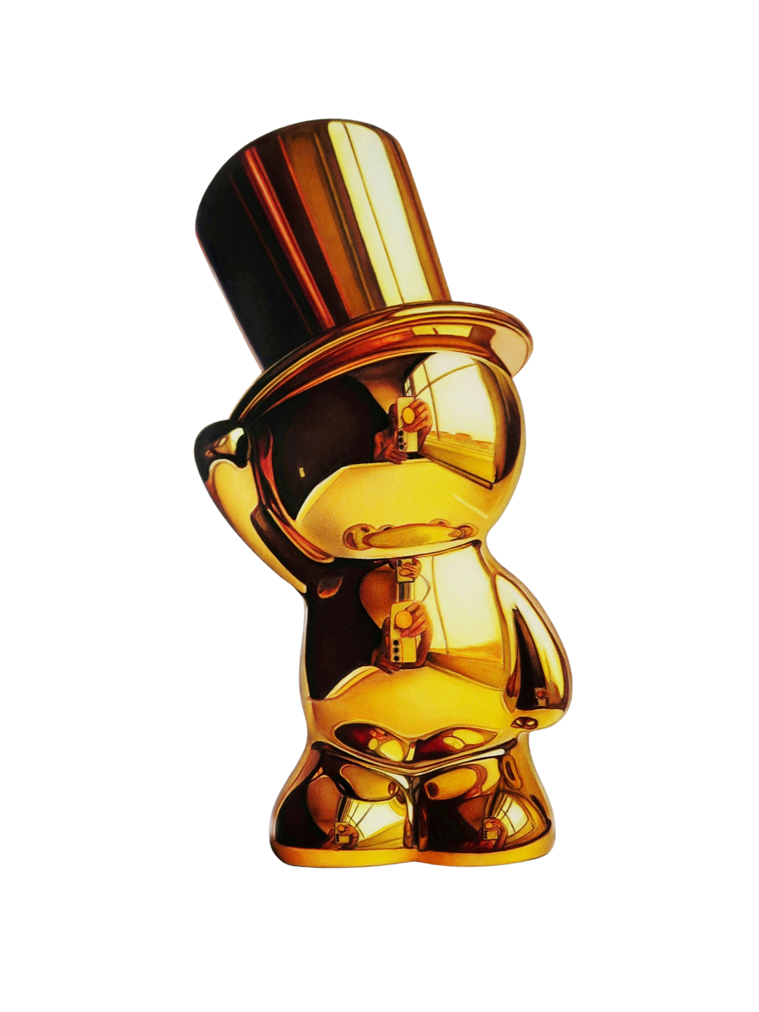 Hyperrealistic artwork of a golden figurine in a tall top hat, its polished metallic surface reflecting light and surroundings, creating a playful yet sophisticated character against a crisp white background.