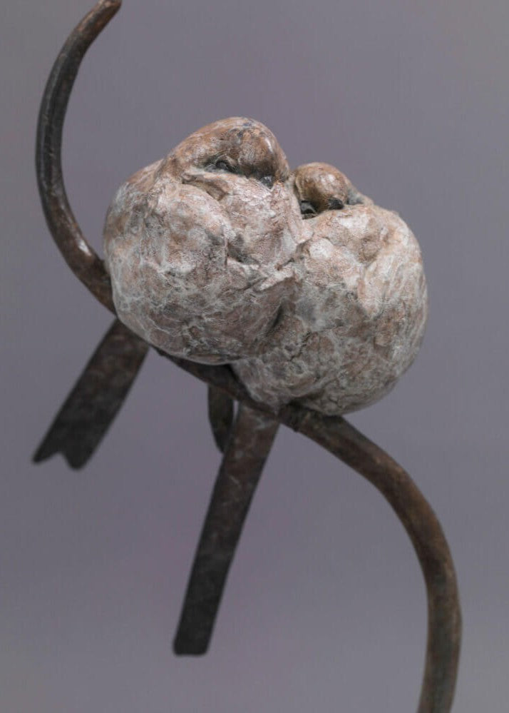 A delicate bronze sculpture of two long-tailed tits nestled together on a sweeping branch, their rounded forms and soft patinated tones capturing warmth, intimacy and the gentle character of these much-loved British birds.