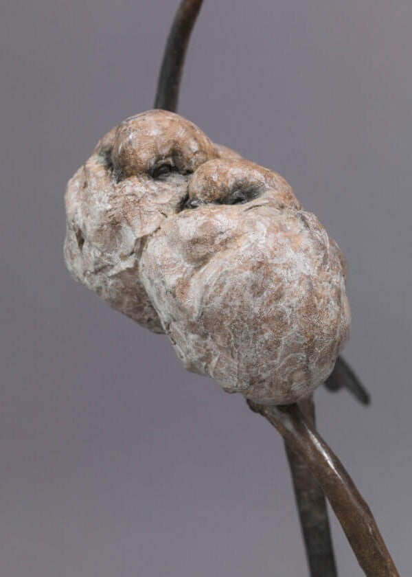 A delicate bronze sculpture of two long-tailed tits nestled together on a sweeping branch, their rounded forms and soft patinated tones capturing warmth, intimacy and the gentle character of these much-loved British birds.
