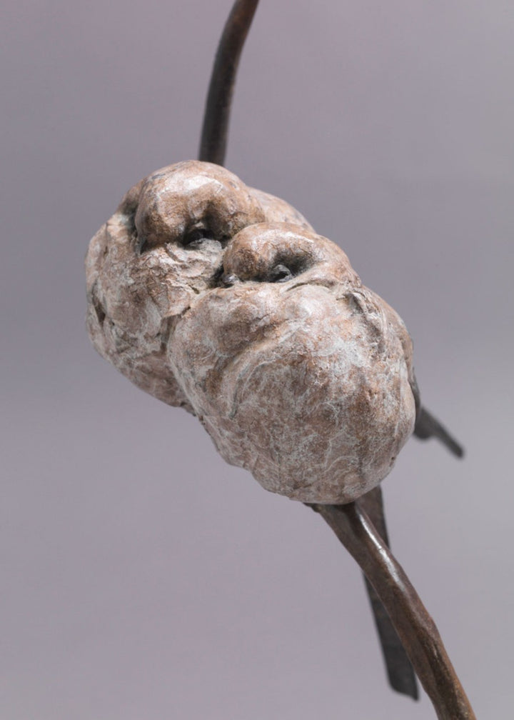 A delicate bronze sculpture of two long-tailed tits nestled together on a sweeping branch, their rounded forms and soft patinated tones capturing warmth, intimacy and the gentle character of these much-loved British birds.
