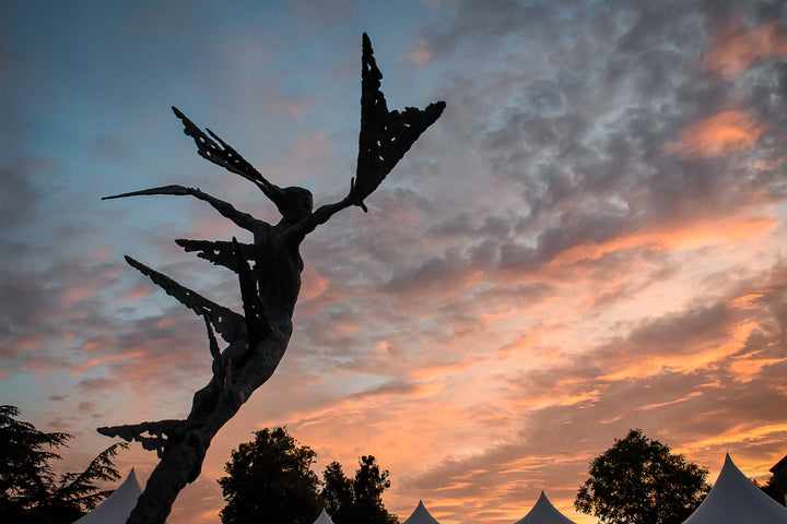 Monumental bronze sculpture of Theia, Greek goddess of light, portrayed in an elegant, elongated form with flowing limbs and wing-like extensions. Her textured surface and dynamic pose evoke movement and radiance, with light-catching shards projecting from her figure against open sky and landscape.