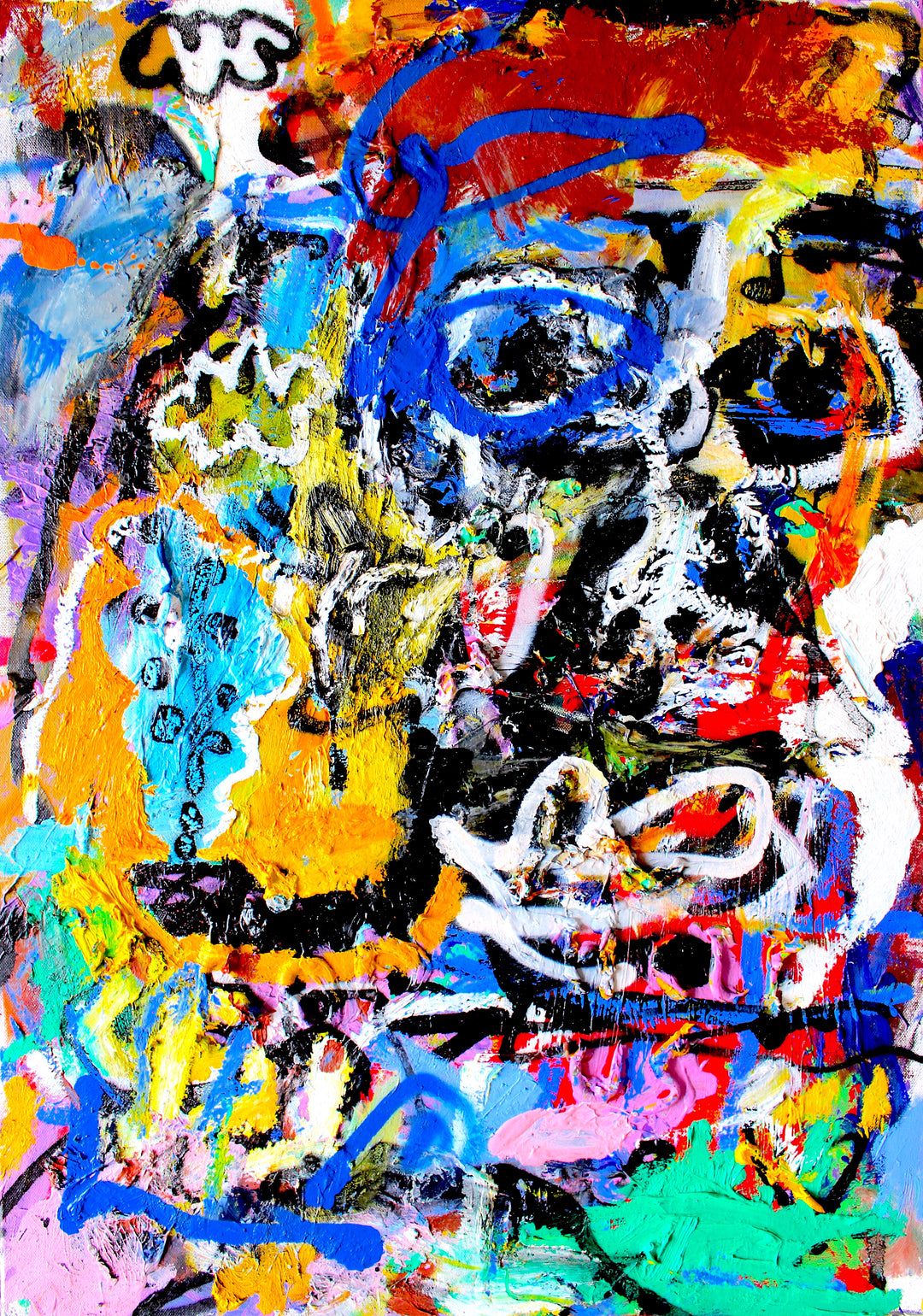 Vivid abstract expressionist painting by James Green titled These Clouds Are Mine, featuring a fragmented face with intense black and white brushwork, bold cobalt blue lines, fiery red and bright yellow areas, layered textures, and raw graffiti-like marks on canvas.