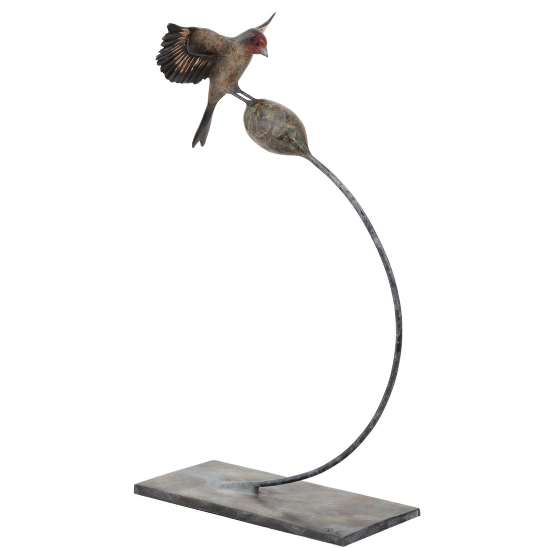 ‘Thistle Tweaker’ by Pat Bull, a limited-edition contemporary bronze wildlife sculpture depicting a goldfinch landing on a rounded teasel head with its wings fully outstretched. The bird features individually detailed bronze feathers, a distinctive reddish-brown face, dark wings with subtle bronze highlights and a forked tail. The teasel head is supported by a slender, sweeping curved steel stem rising from a rectangular bronze base, with dark grey, charcoal and muted green patina tones creating an elegant 