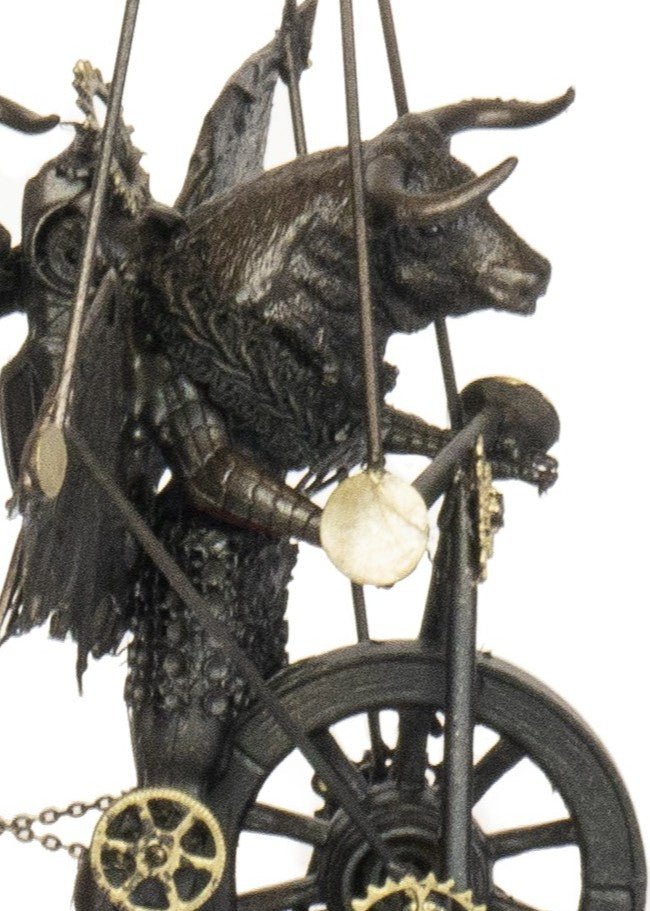 “Three Minotaurs on Their Way to a Dance” by Andrew Stevens – a one-off steampunk sculpture crafted from recycled metal and found objects, featuring three hybrid Minotaur figures with mechanical wings and gears, finished in dark bronze patina.