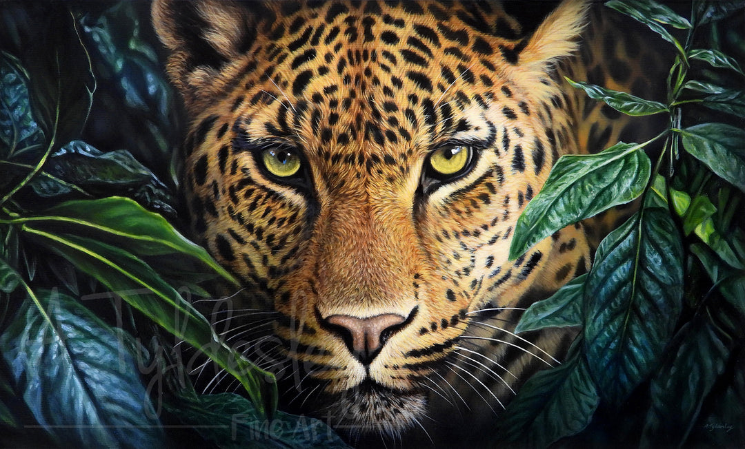 Hyperrealistic painting of a leopard staring through dark green jungle leaves with piercing yellow-green eyes.