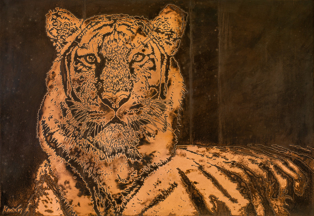 2D copper etching of a tiger portrait with detailed facial features and stripes, created through contrasting textures and burnished highlights