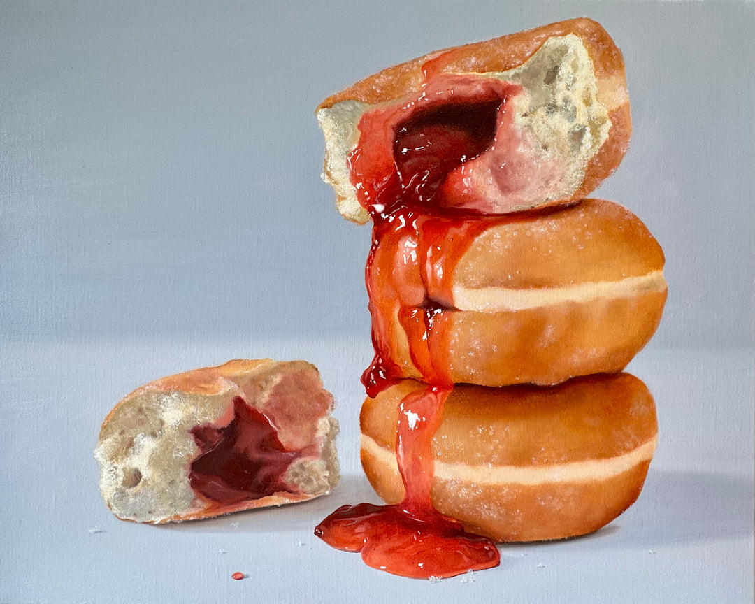 Hyperrealist painting of stacked jelly doughnuts with vivid red jam oozing down the sides