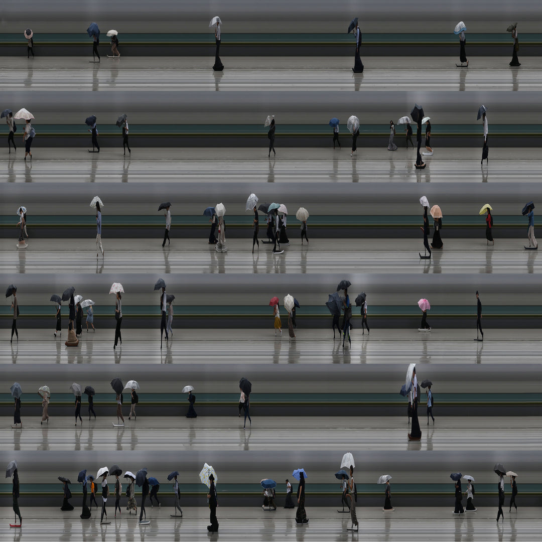 Richard P Jones Tokyo Summer Storm #1 fine art photographic print showing rows of commuters walking with umbrellas during heavy rain in Tokyo, created from reconstructed high-speed video imagery and printed as a giclée on brushed aluminium.