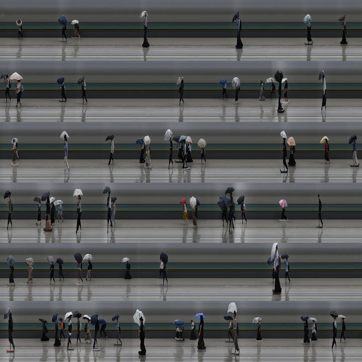 Richard P Jones Tokyo Summer Storm #1 fine art photographic print showing rows of commuters walking with umbrellas during heavy rain in Tokyo, created from reconstructed high-speed video imagery and printed as a giclée on brushed aluminium.