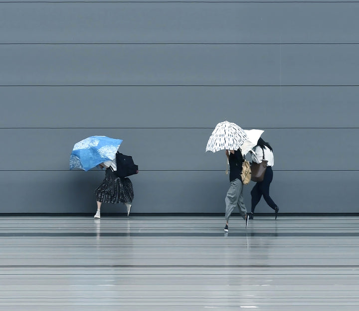 A stylised time-slice image of Tokyo commuters struggling against wind and rain during a summer storm. Each figure holds an umbrella as they move across a smooth, steel-grey background—some distorted mid-stride due to the artist’s high-speed video scan technique. The image captures both the uniformity and individuality of city life under pressure.