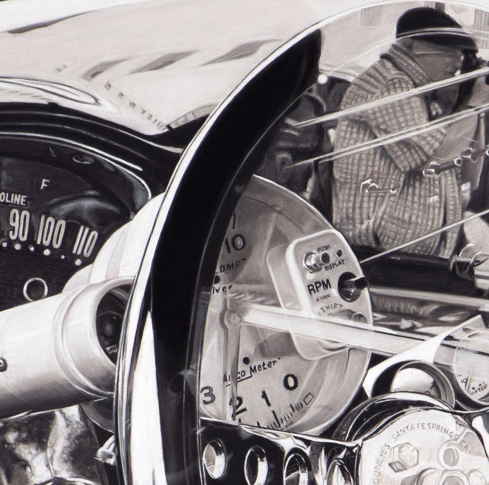 Limited edition giclée print by Ray West depicting a black-and-white hyper-realistic pastel artwork of an American hot rod interior, focusing on the steering wheel and layered reflections seen through the window, captured with intricate detail and printed on archival quality fine art paper.