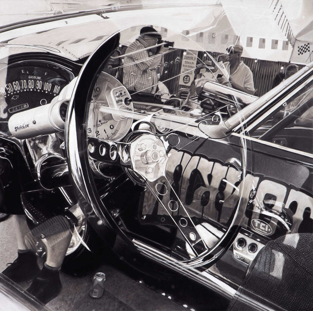 Limited edition giclée print by Ray West depicting a black-and-white hyper-realistic pastel artwork of an American hot rod interior, focusing on the steering wheel and layered reflections seen through the window, captured with intricate detail and printed on archival quality fine art paper.