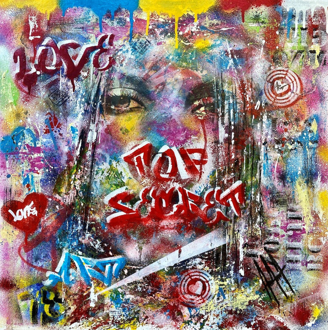 “Top Secret by Andolini Art – vibrant mixed media graffiti painting on canvas featuring layered spray paint, collage textures, stencilled lettering, and intense female eyes emerging through bold colours of red, blue, yellow, purple, and green with urban pop art energy.”