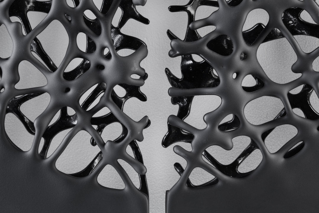 Tracy Nicholls glass wall sculpture Riven — a one-off artwork of two black glass panels forming an orb when placed side by side. The intricate webbed structure undulates with organic movement, featuring a satin-smooth exterior contrasting with a glossy black inner surface that glimmers through the open lace-like forms.