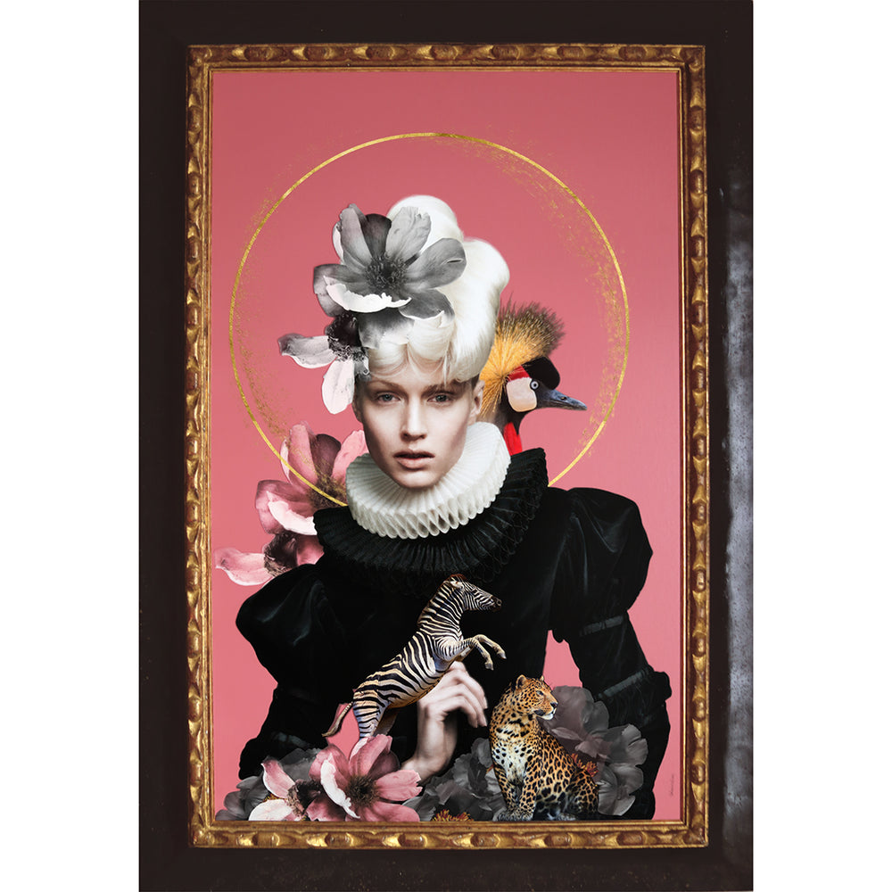 Catarina Diaz’s Transcendence, analogue collage on Somerset Enhanced Velvet with oil on canvas. A pale-haired figure in black ruff, crowned with flowers, zebra, leopard and crowned crane, set against a pink backdrop with gold halo in ornate antique frame.