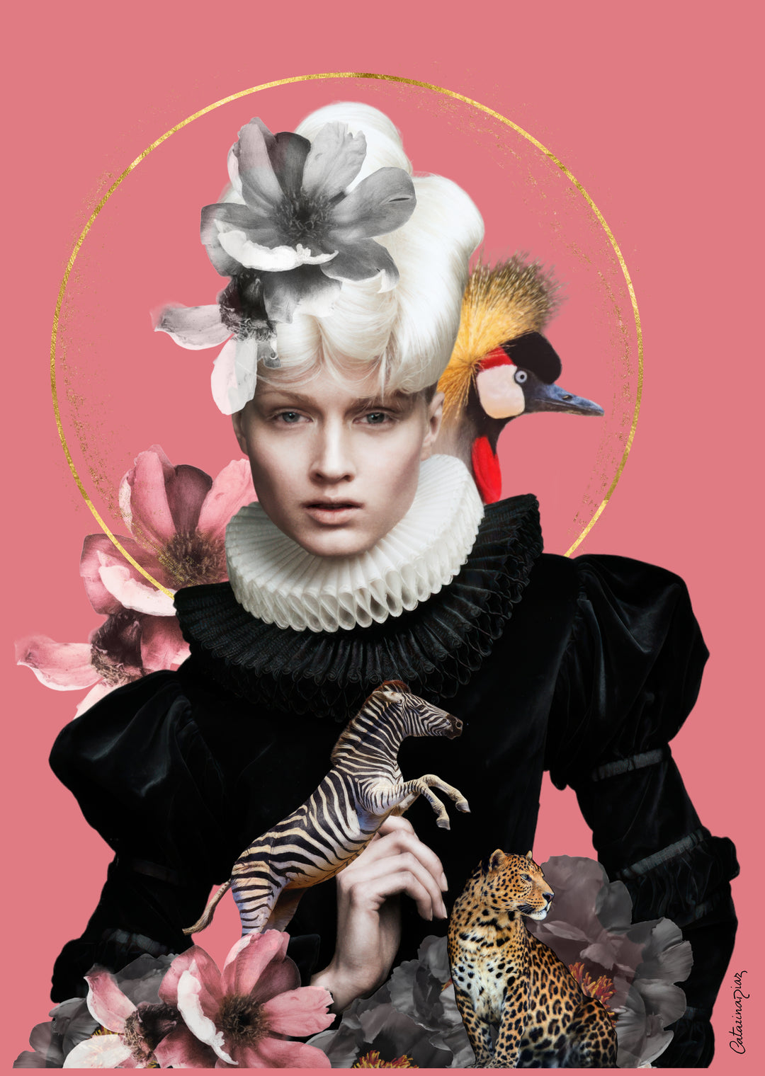 Catarina Diaz’s Transcendence, analogue collage on Somerset Enhanced Velvet with oil on canvas. A pale-haired figure in black ruff, crowned with flowers, zebra, leopard and crowned crane, set against a pink backdrop with gold halo in ornate antique frame.