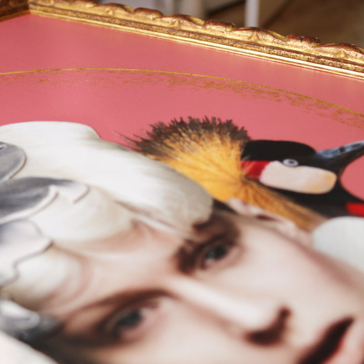 Catarina Diaz’s Transcendence, analogue collage on Somerset Enhanced Velvet with oil on canvas. A pale-haired figure in black ruff, crowned with flowers, zebra, leopard and crowned crane, set against a pink backdrop with gold halo in ornate antique frame.