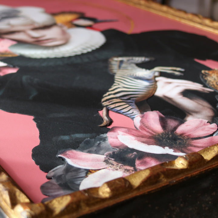 Catarina Diaz’s Transcendence, analogue collage on Somerset Enhanced Velvet with oil on canvas. A pale-haired figure in black ruff, crowned with flowers, zebra, leopard and crowned crane, set against a pink backdrop with gold halo in ornate antique frame.