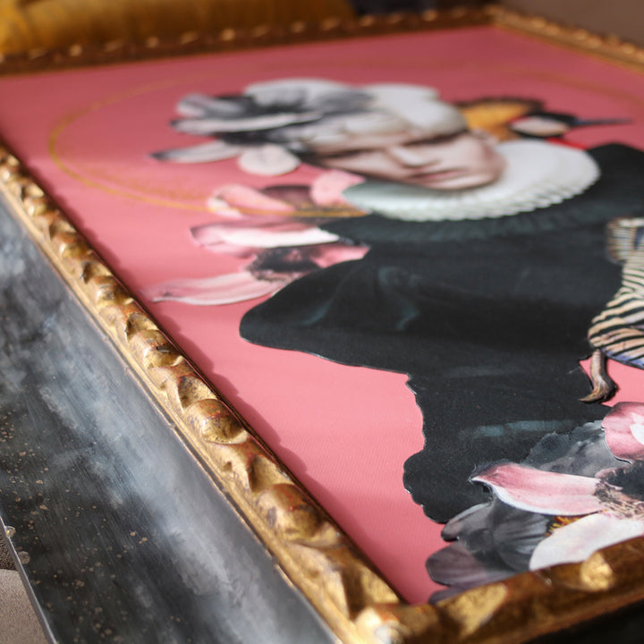 Catarina Diaz’s Transcendence, analogue collage on Somerset Enhanced Velvet with oil on canvas. A pale-haired figure in black ruff, crowned with flowers, zebra, leopard and crowned crane, set against a pink backdrop with gold halo in ornate antique frame.