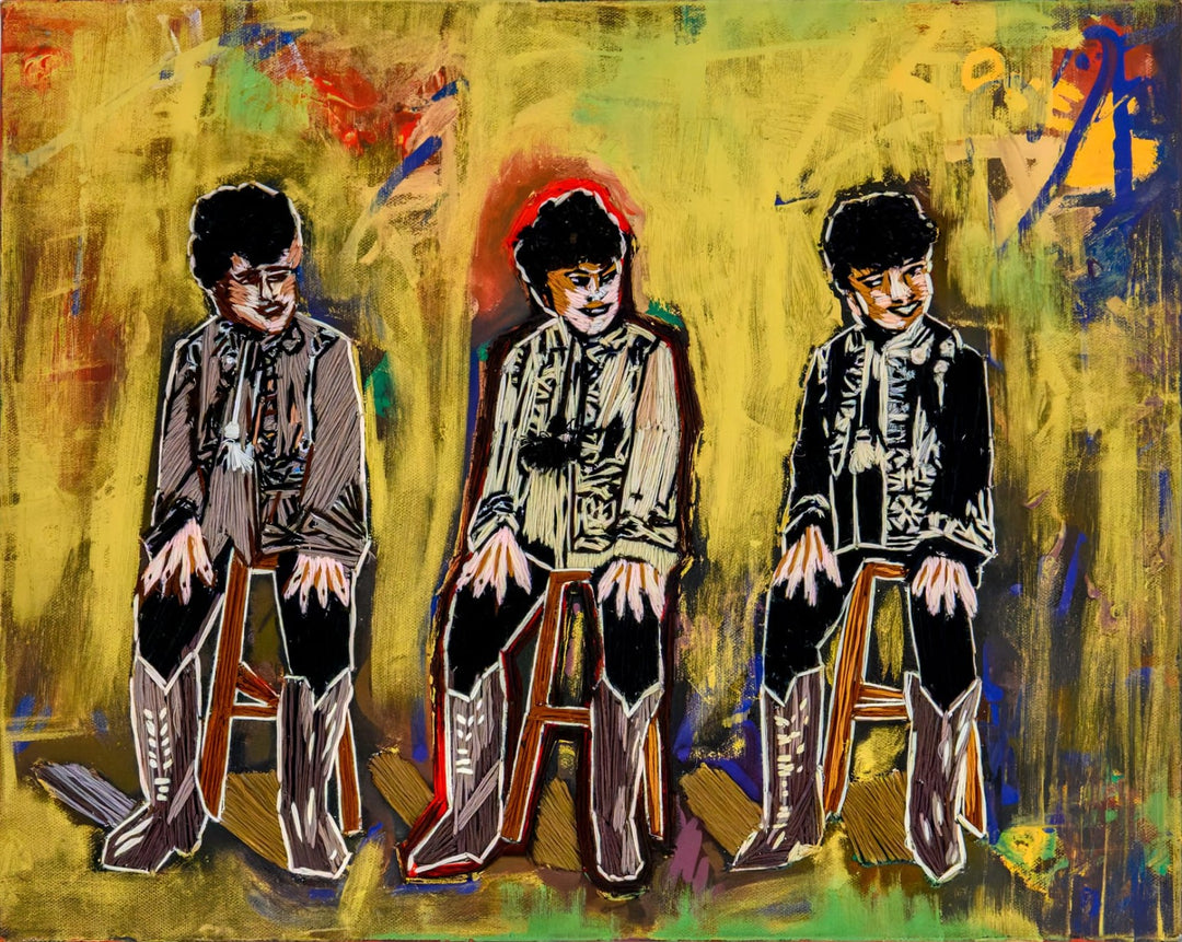 “A Symphony of Chaos in Threes” by Helena Safari, hand embroidery on canvas depicting three stylised seated figures in black and white embroidered outfits with boots, set against a vivid yellow background with painterly strokes of red, blue, green, and orange. The trio appears mischievous yet playful, embodying a sense of rhythm, repetition, and chaotic harmony within a textured, expressive composition.