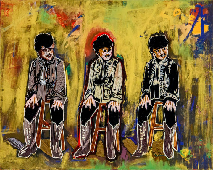 “A Symphony of Chaos in Threes” by Helena Safari, hand embroidery on canvas depicting three stylised seated figures in black and white embroidered outfits with boots, set against a vivid yellow background with painterly strokes of red, blue, green, and orange. The trio appears mischievous yet playful, embodying a sense of rhythm, repetition, and chaotic harmony within a textured, expressive composition.