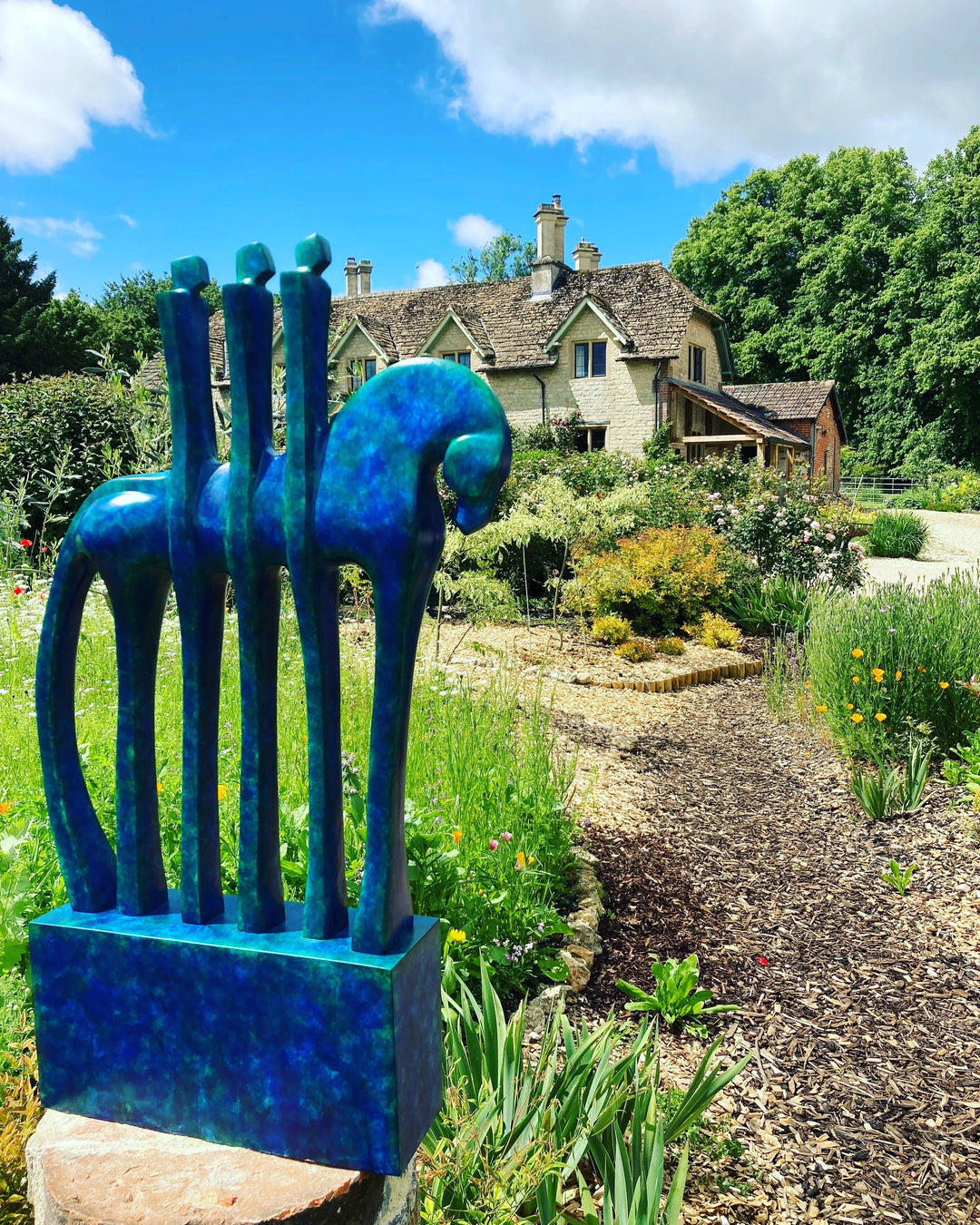 Marie Ackers Trojan bronze horse sculpture, limited edition of 8. Stylised equestrian form with three upright riders, finished in vibrant blue patina. Signed, numbered, and foundry stamped, suitable for indoor or outdoor display.
