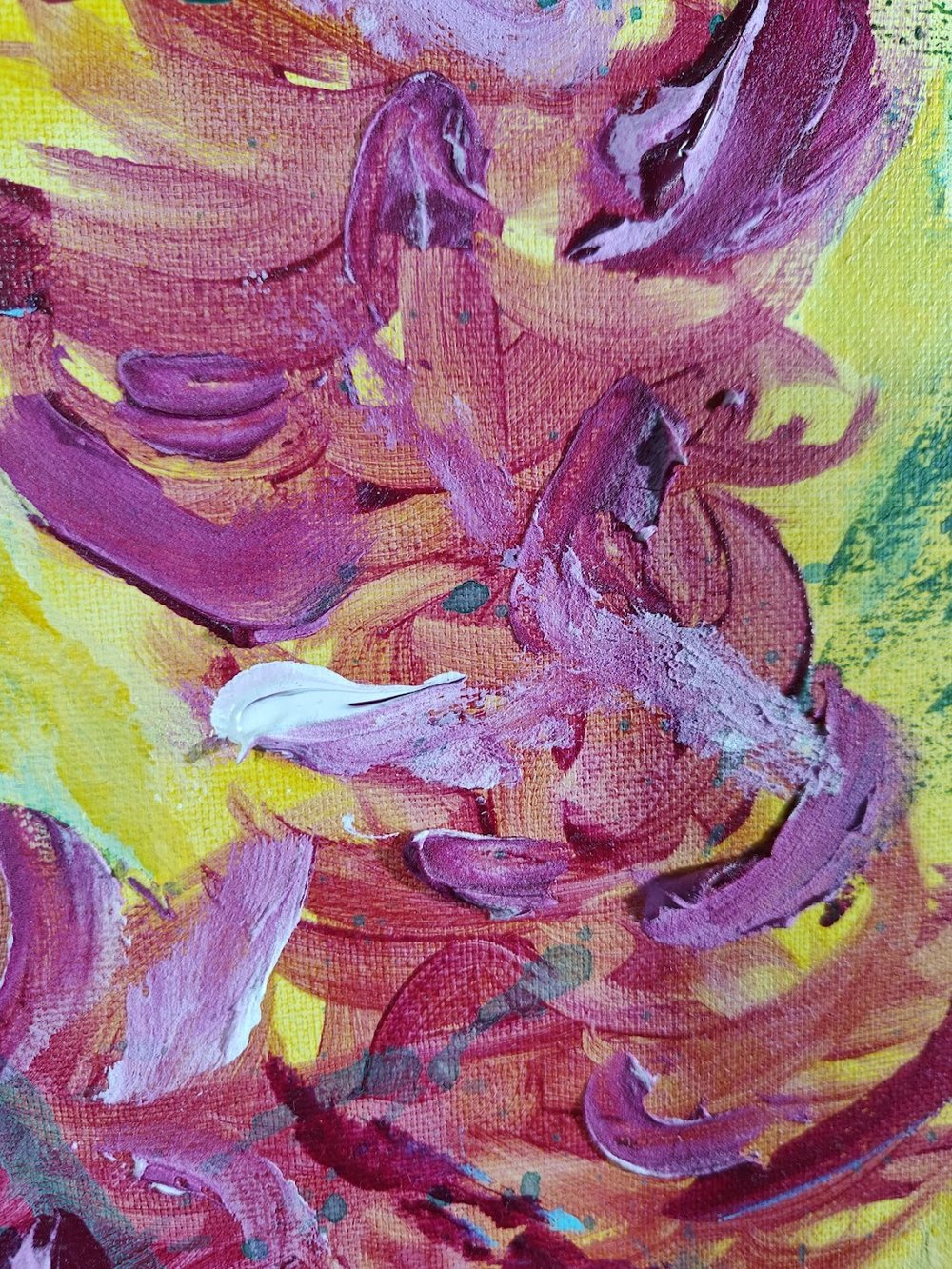 Vivid abstract painting with bold magenta florals, dripping green strokes, and splashes of blue over a bright yellow background