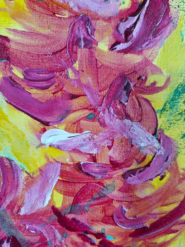 Vivid abstract painting with bold magenta florals, dripping green strokes, and splashes of blue over a bright yellow background