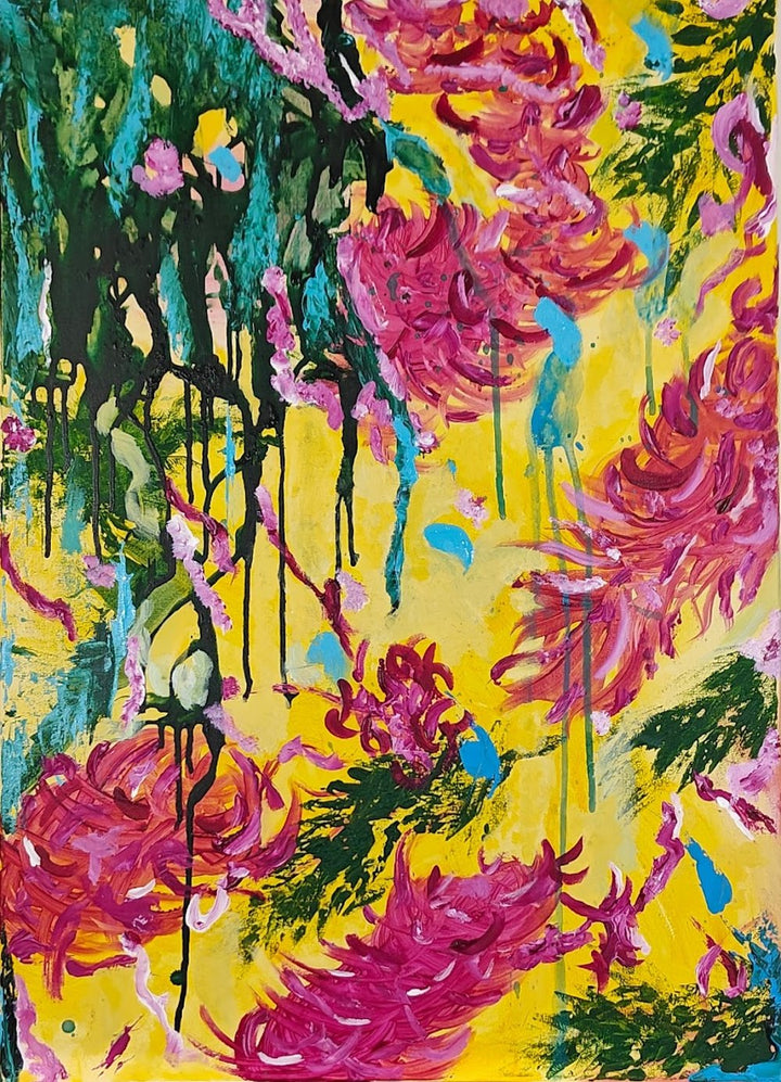 Vivid abstract painting with bold magenta florals, dripping green strokes, and splashes of blue over a bright yellow background