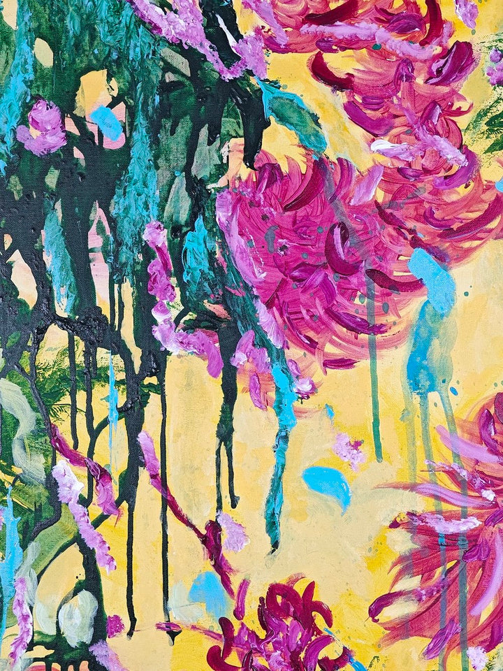 Vivid abstract painting with bold magenta florals, dripping green strokes, and splashes of blue over a bright yellow background