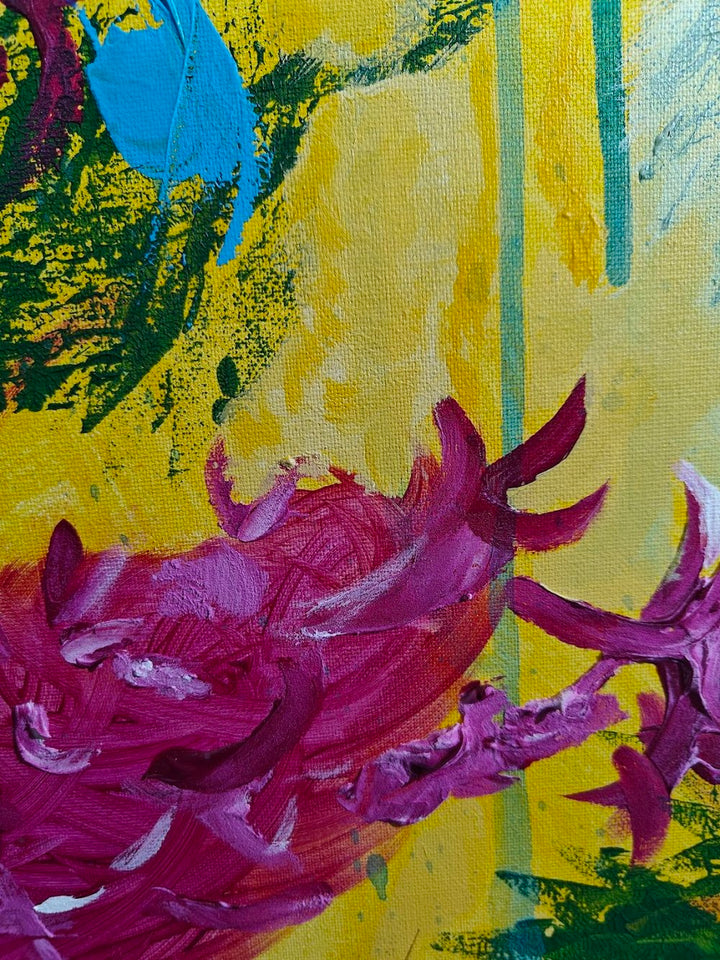 Vivid abstract painting with bold magenta florals, dripping green strokes, and splashes of blue over a bright yellow background