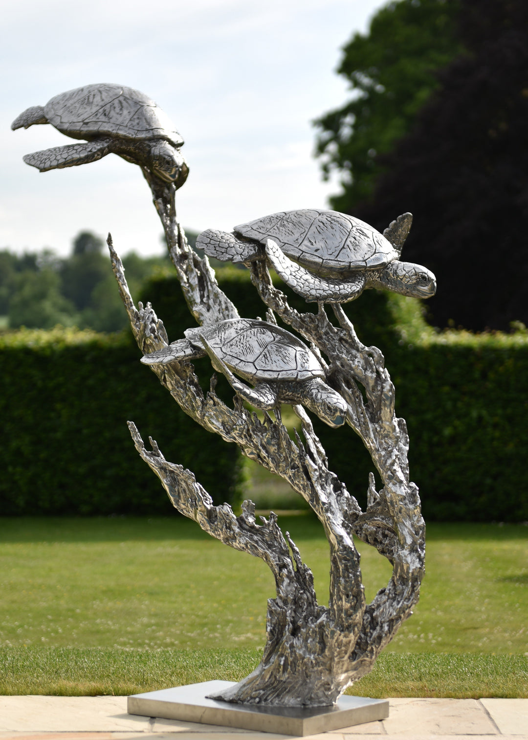 ‘Turtles Stainless Steel’ by Hamish Mackie, a limited-edition marine-grade stainless steel wildlife sculpture depicting three life-size sea turtles swimming through an intricate arrangement of underwater foliage. The polished silver-grey finish highlights the turtles' detailed shells, textured flippers and graceful movement, while the sweeping, branching forms create a sense of flowing water. Mounted on a rectangular stainless steel base, this contemporary sculpture is suitable for indoor or outdoor display