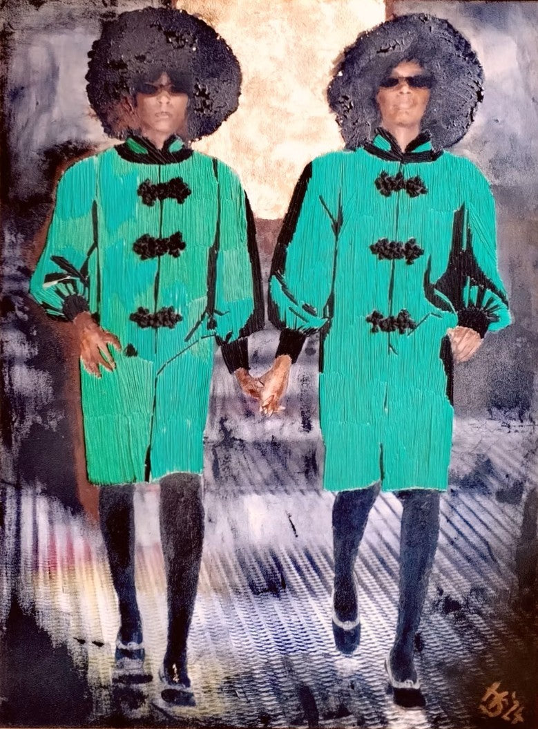 Hyperreal textile and acrylic artwork Genetic Factors by Helena Safari, depicting two identical figures holding hands, wearing embroidered green coats with black trim, afros, and sunglasses, blending embroidery texture with paint on canvas.