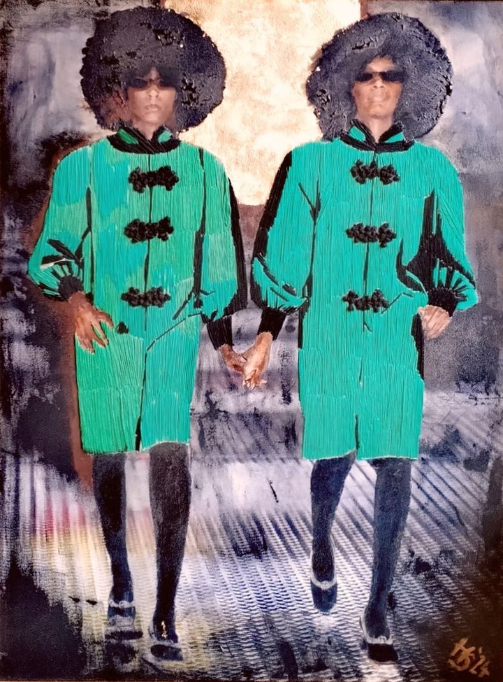 Hyperreal textile and acrylic artwork Genetic Factors by Helena Safari, depicting two identical figures holding hands, wearing embroidered green coats with black trim, afros, and sunglasses, blending embroidery texture with paint on canvas.