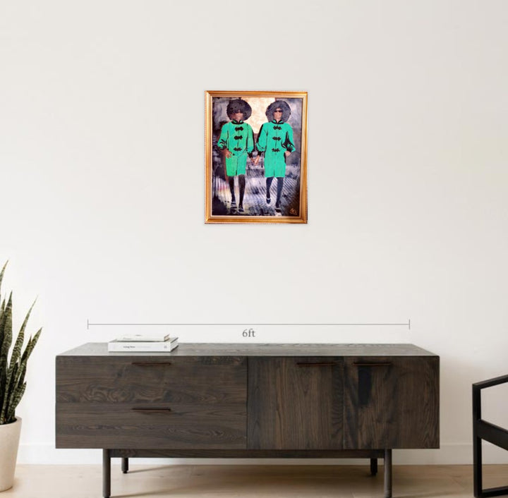 Hyperreal textile and acrylic artwork Genetic Factors by Helena Safari, depicting two identical figures holding hands, wearing embroidered green coats with black trim, afros, and sunglasses, blending embroidery texture with paint on canvas.