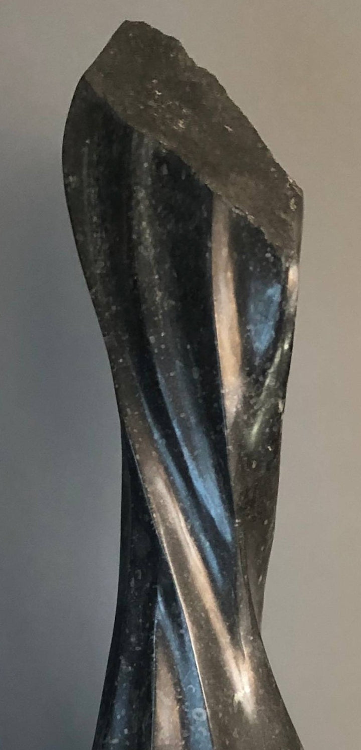 Twist by Brendan Cullen, a hand-carved Kilkenny limestone sculpture featuring a tall, elegant form with smooth, spiralling curves rising from a rounded base, the surface polished to reveal subtle fossil textures within the dark stone.