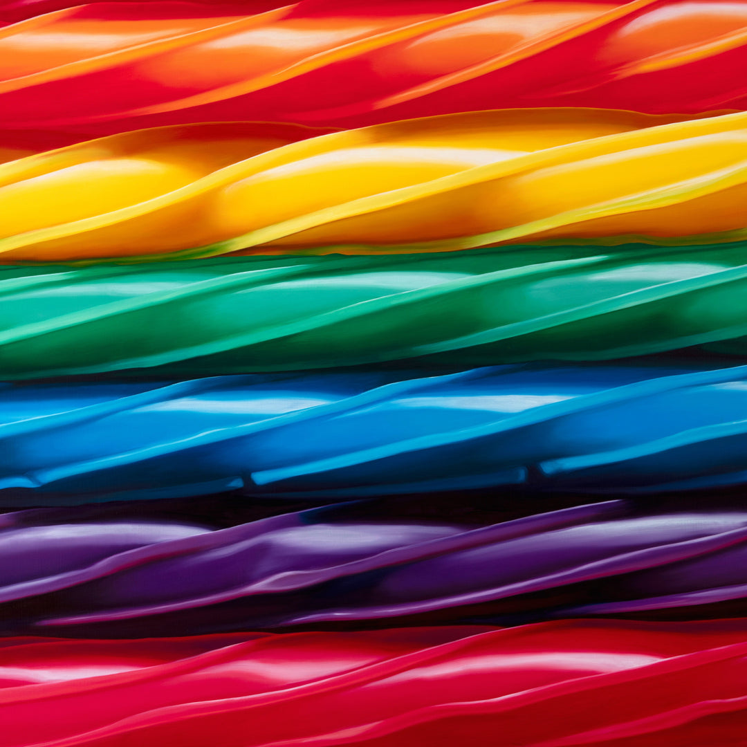Kelly-Anne Davitt Twisted Rainbow hyperreal oil painting on linen depicting glossy twisted rainbow sweets flowing in bands of red, orange, yellow, green, blue and purple across the canvas.