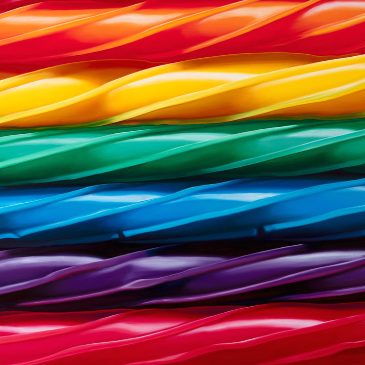 Kelly-Anne Davitt Twisted Rainbow hyperreal oil painting on linen depicting glossy twisted rainbow sweets flowing in bands of red, orange, yellow, green, blue and purple across the canvas.