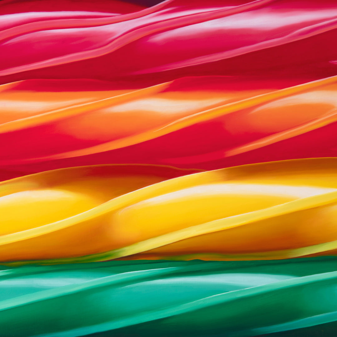 Kelly-Anne Davitt Twisted Rainbow hyperreal oil painting on linen depicting glossy twisted rainbow sweets flowing in bands of red, orange, yellow, green, blue and purple across the canvas.