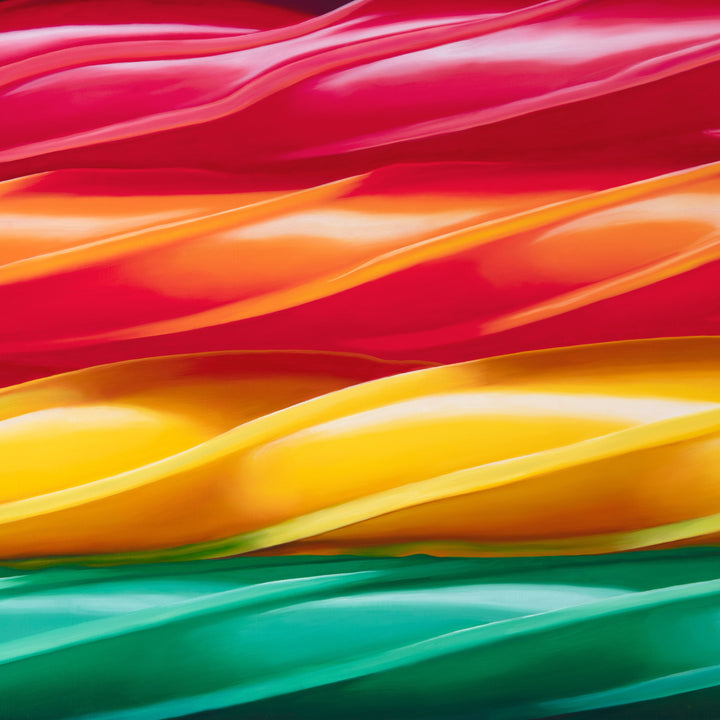Kelly-Anne Davitt Twisted Rainbow hyperreal oil painting on linen depicting glossy twisted rainbow sweets flowing in bands of red, orange, yellow, green, blue and purple across the canvas.