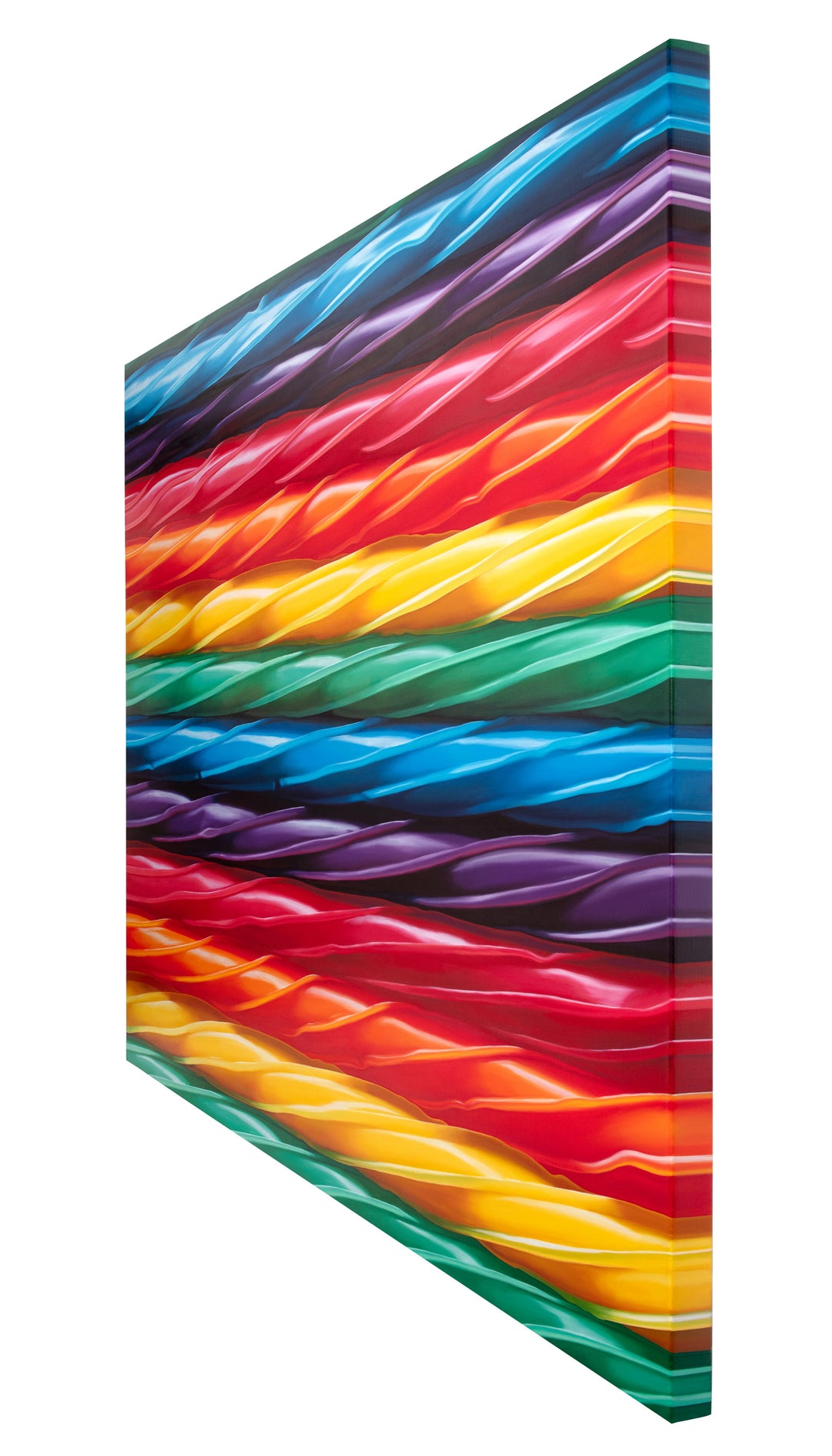 Kelly-Anne Davitt Twisted Rainbow hyperreal oil painting on linen depicting glossy twisted rainbow sweets flowing in bands of red, orange, yellow, green, blue and purple across the canvas.