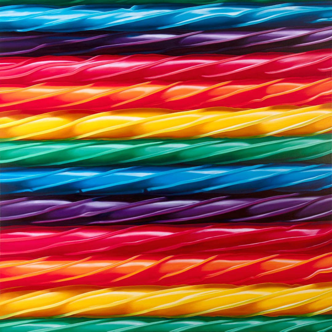 Kelly-Anne Davitt Twisted Rainbow hyperreal oil painting on linen depicting glossy twisted rainbow sweets flowing in bands of red, orange, yellow, green, blue and purple across the canvas.