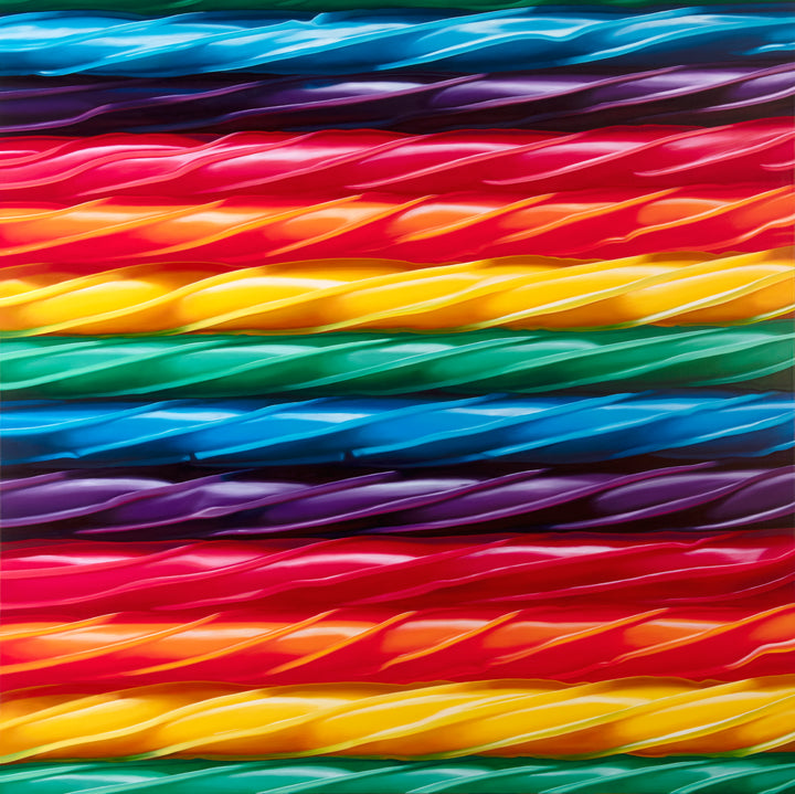 Kelly-Anne Davitt Twisted Rainbow hyperreal oil painting on linen depicting glossy twisted rainbow sweets flowing in bands of red, orange, yellow, green, blue and purple across the canvas.
