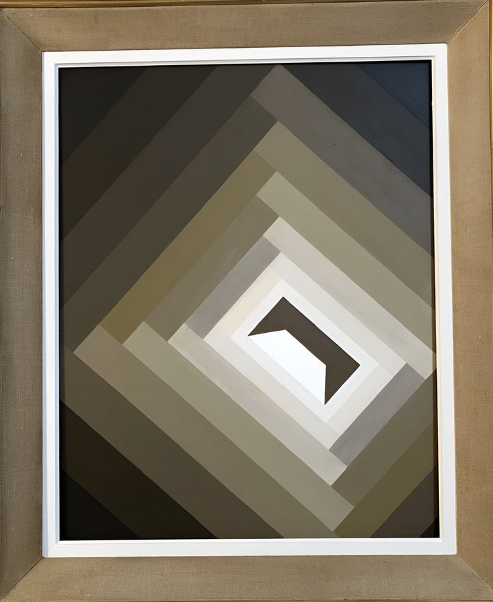 Rob Wyn Yates Symbolism – geometric abstract painting featuring layered diamond-shaped bands in tonal shades of grey, taupe, and muted olive, converging towards a central white angular form. Presented in a vintage 1960s linen frame.