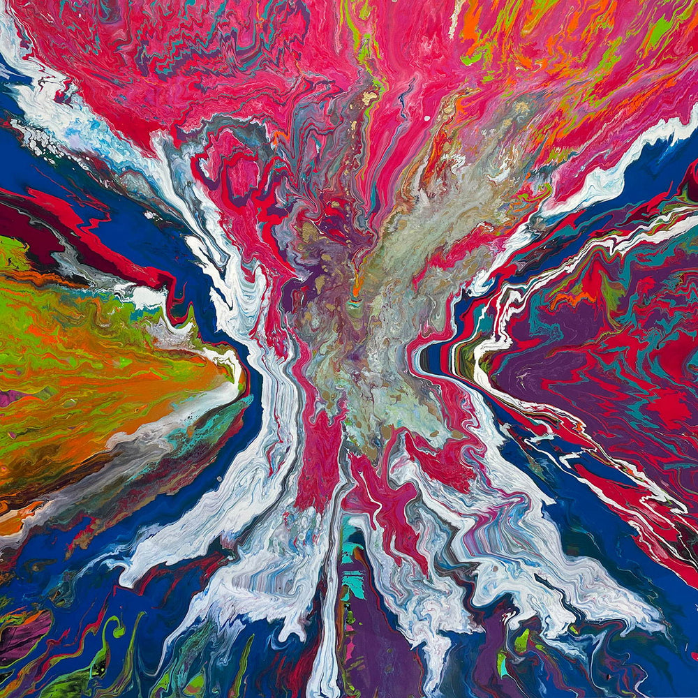 Large square abstract painting “United We Stand” by Swarez — a high-impact explosion of swirling magenta and deep blue blending with metallic gold, copper, turquoise, vivid orange, lime green, crisp white and rich black. Layers of glossy enamel paint radiate outward from the centre in fluid marbled streams, creating a dramatic, multi-directional composition full of energy and movement.