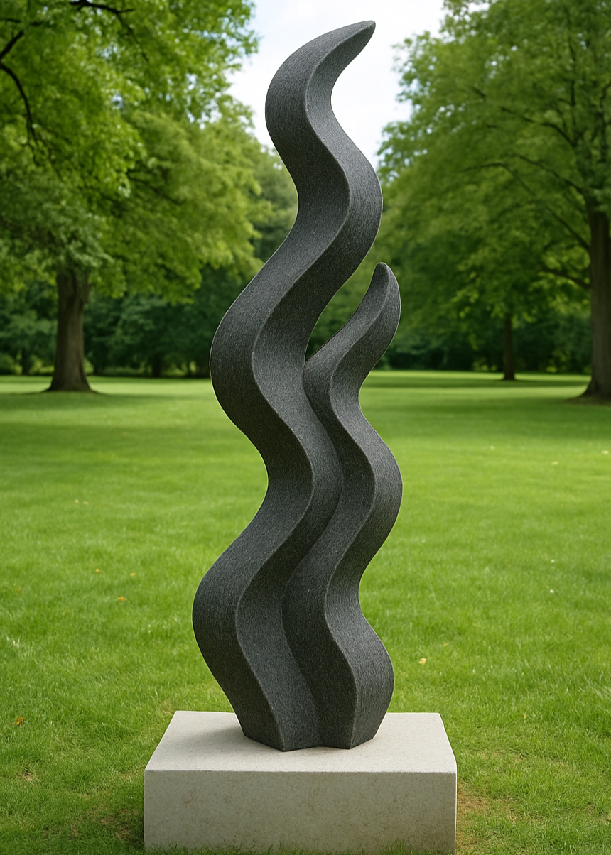 Unity in Motion by Martin Cash — a fluid, abstract sculpture hand-carved from Ancaster Blue Stone and mounted on a Stoke Ground plinth with granite base. The dark, undulating form evokes rhythm and balance, designed as a striking contemporary centrepiece for gardens or public spaces.