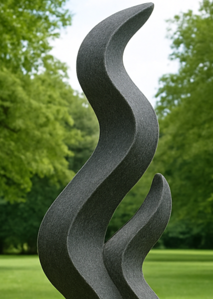 Unity in Motion by Martin Cash — a fluid, abstract sculpture hand-carved from Ancaster Blue Stone and mounted on a Stoke Ground plinth with granite base. The dark, undulating form evokes rhythm and balance, designed as a striking contemporary centrepiece for gardens or public spaces.